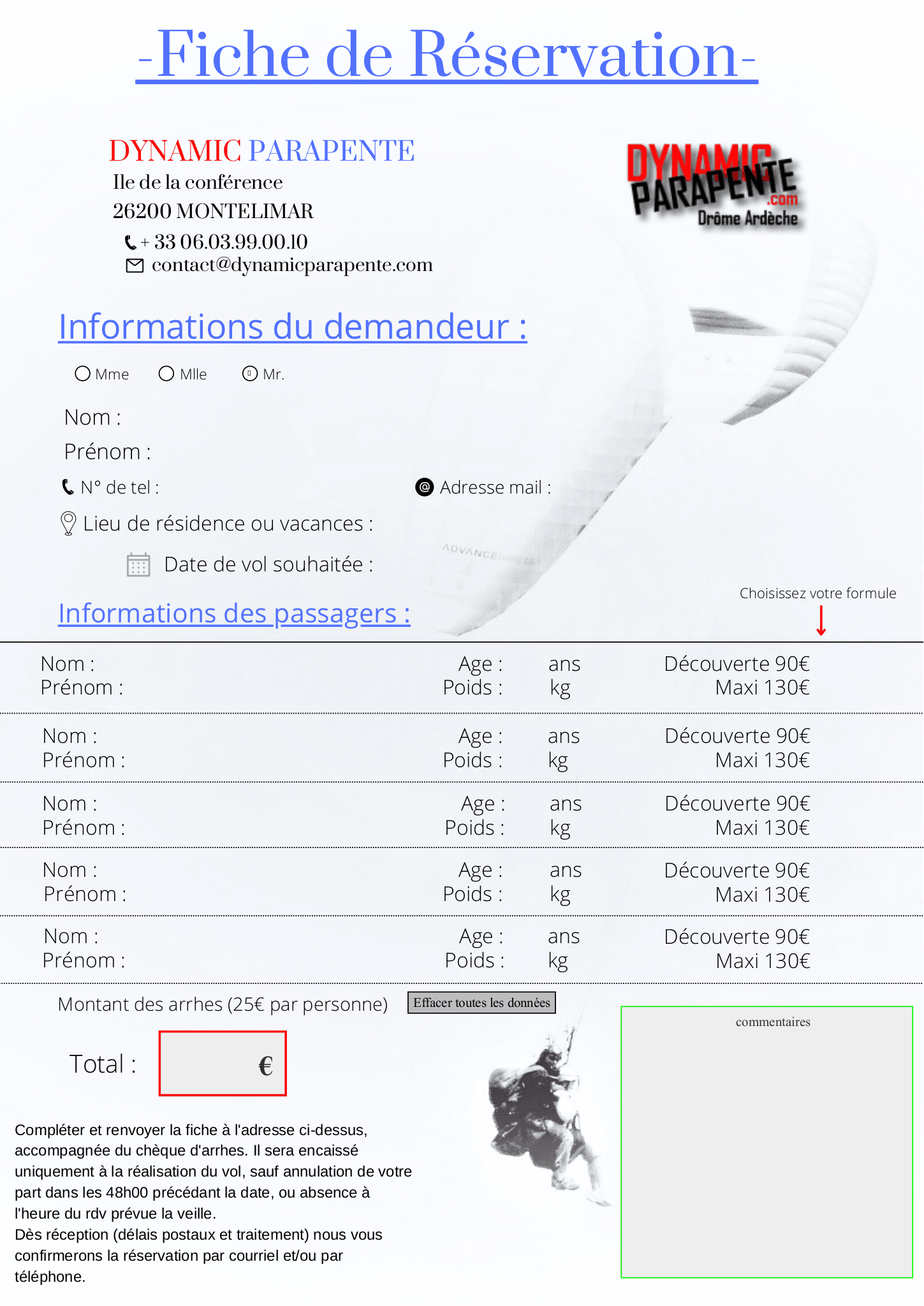 Aperçu de la fiche de réservation